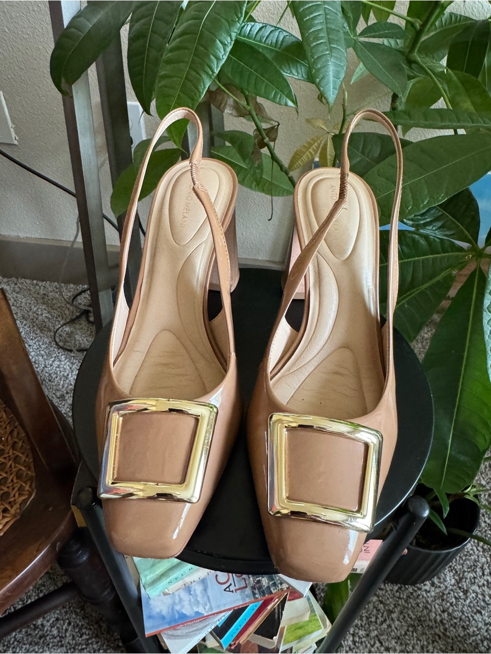 ANTONIO MELANI Tan Patent Slingback Pumps with Gold Buckle